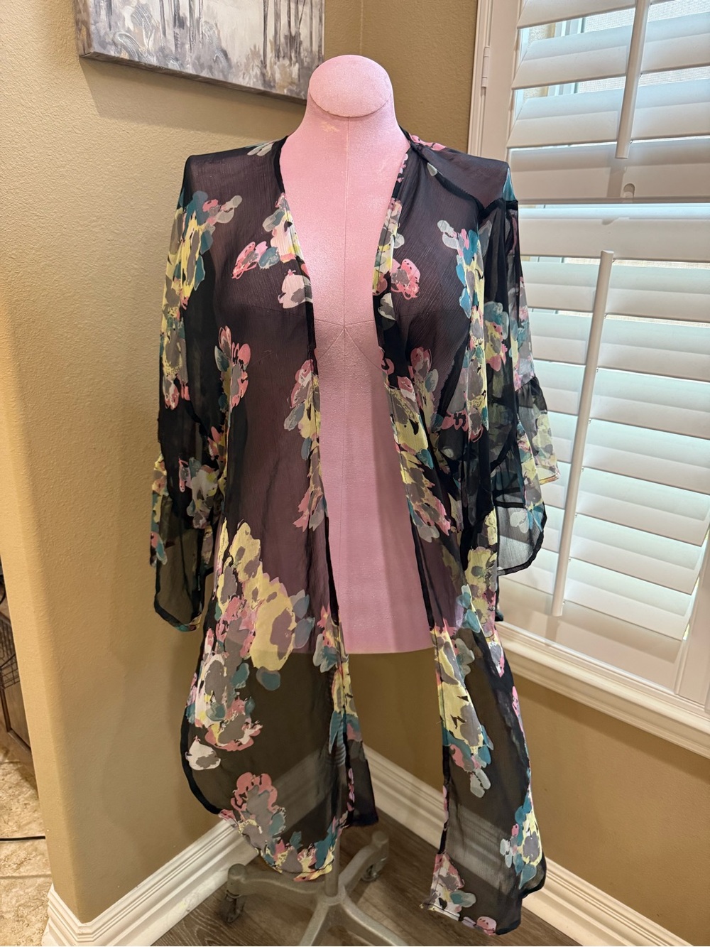 Mudd Black Floral Sheer Kimono with Pink and Yellow Blooms